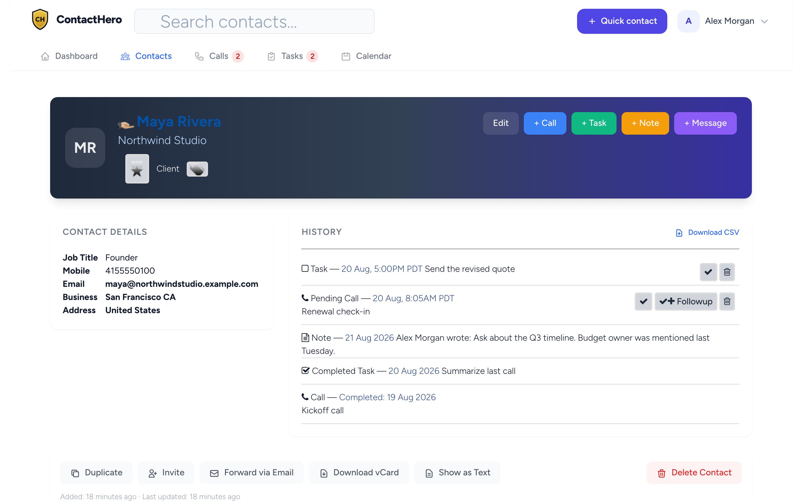 A contact record with details beside a timeline of calls, notes, and tasks