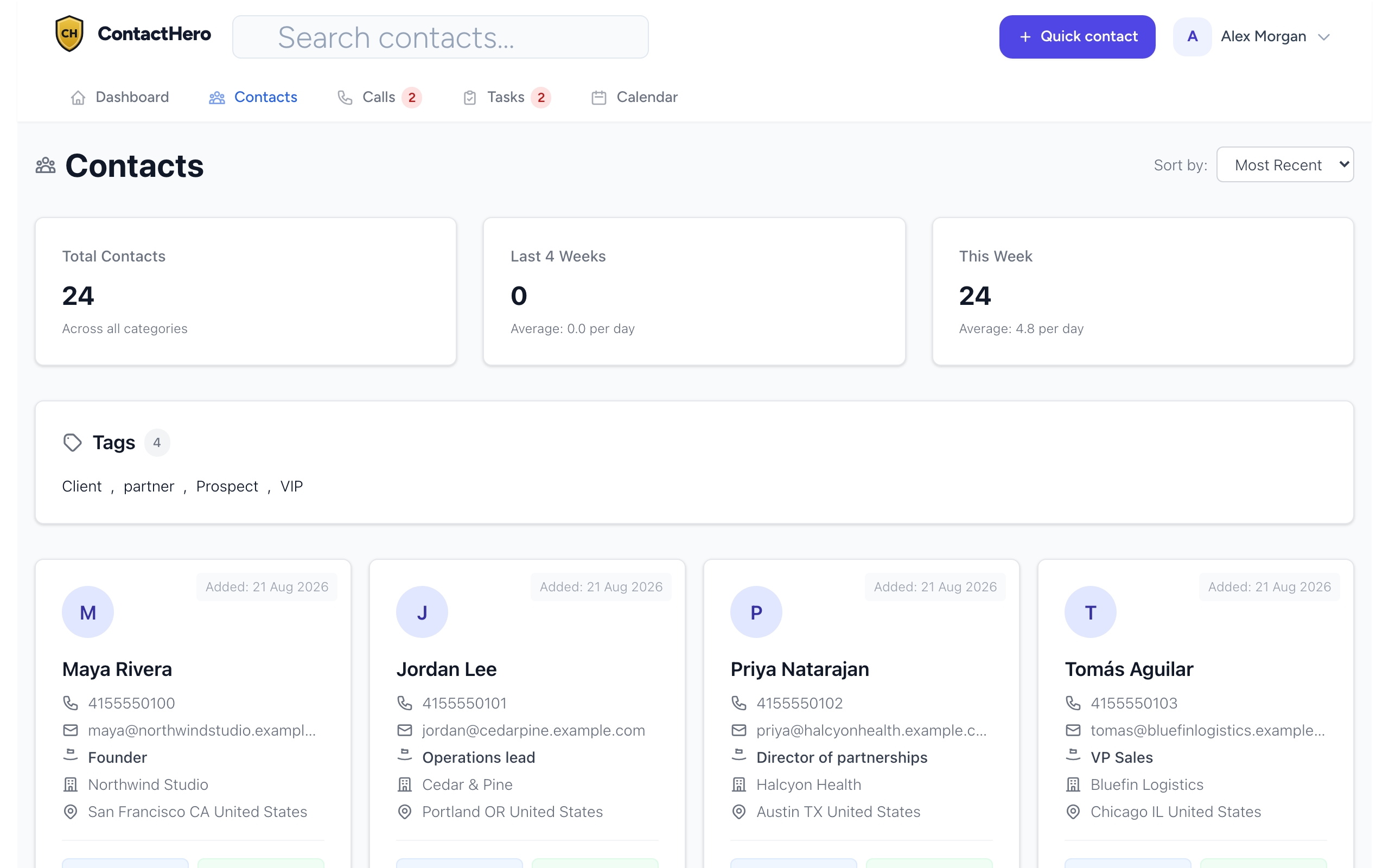 ContactHero contact list with names, companies, tags, and quick actions
